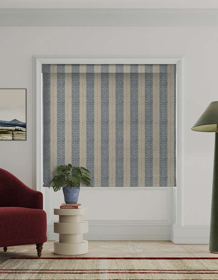 Room with blue floral stripe roman blind from Land & Shore