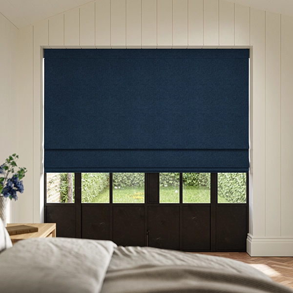 Bedroom with purple roman blind from illumin8's Loom collection