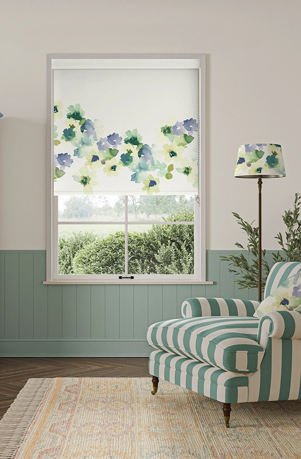 Room with blue flower roller blind from Bluebellgray collection