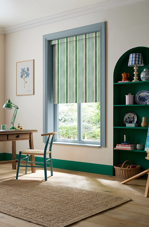 Room with green stripe roller blind from Bluebellgray collection