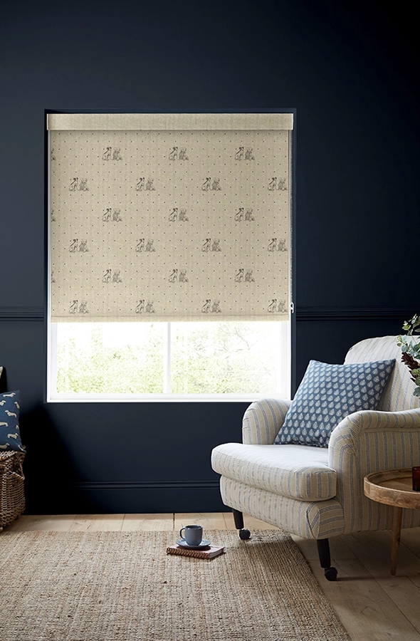 Room with purple dog design roller blind form Emily Bond