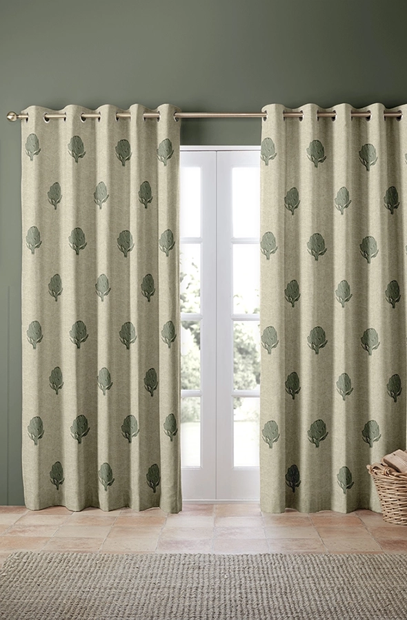 Room with green tree design curtains from Emily Bond