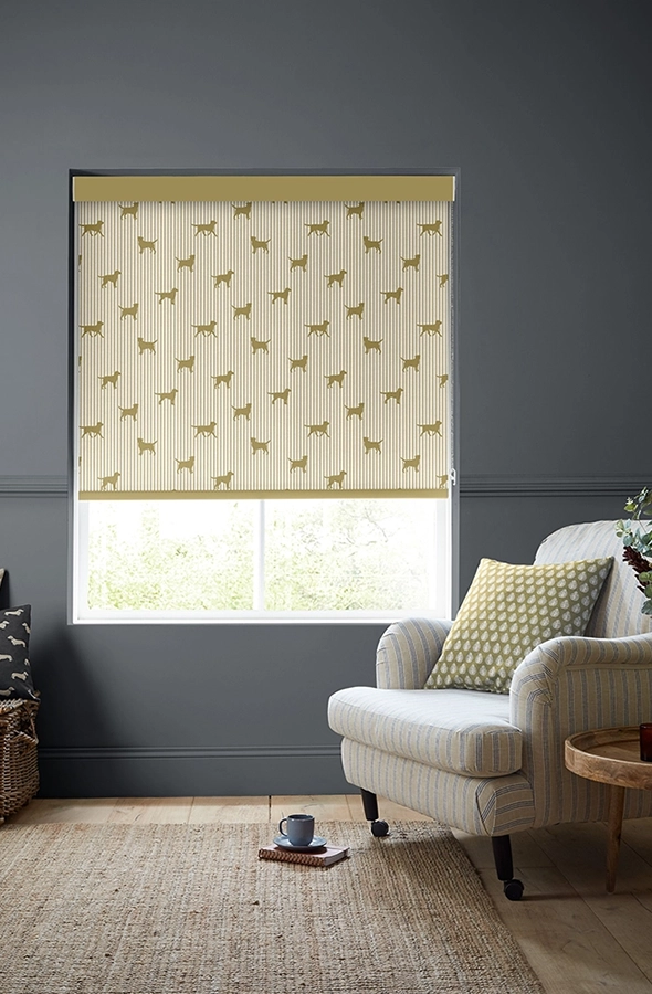 Room with yellow dog design roller blind from Emily Bond