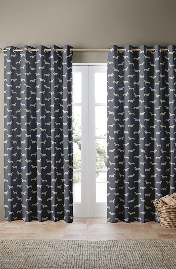 Room with dogs on indigo background curtains from Emily Bond