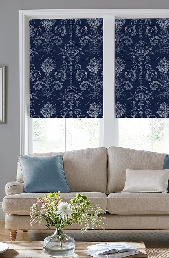 Room with blue geometric roller blind from Laura Ashley