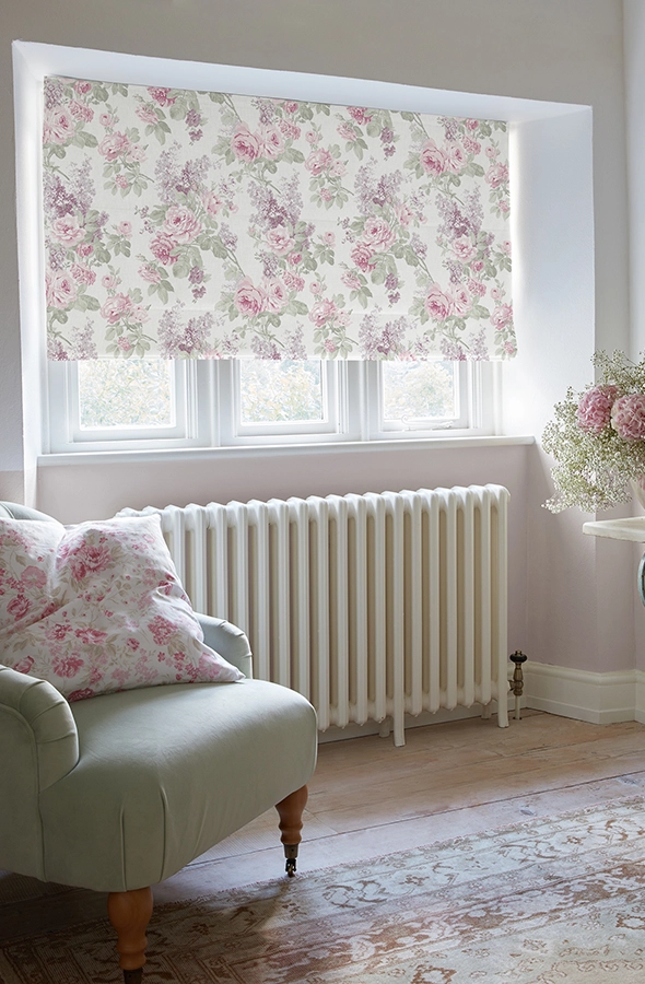 Room with rich purple flower roman blind by Shabby Chic by Rachel Ashwell