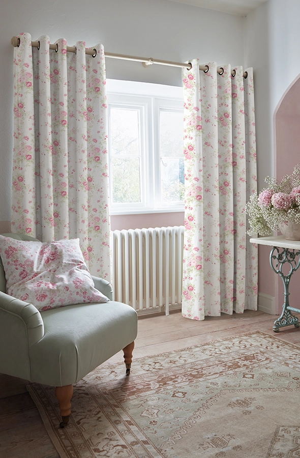 Room with red flower curtains by Shabby Chic by Rachel Ashwell