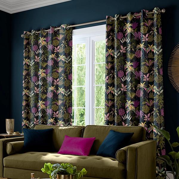 Room with dark navy curtains form Sara Miller