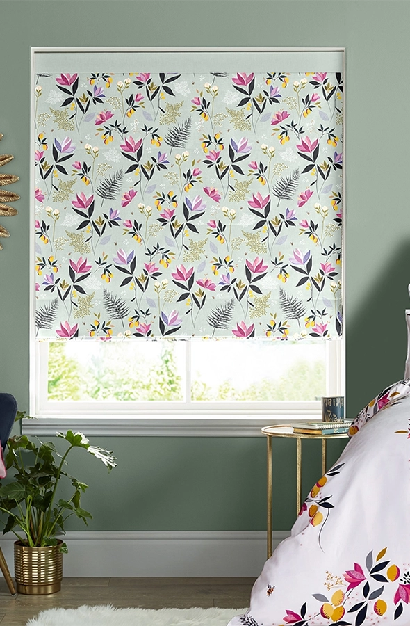 Room with floral roller blinds from Sara Miller
