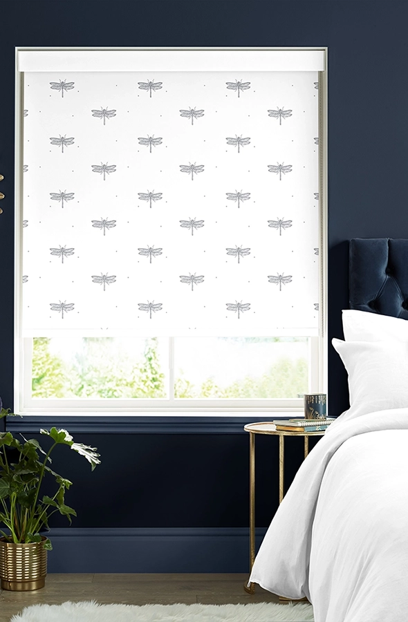 Room with geometric dragonfly roller blind from Sara Miller