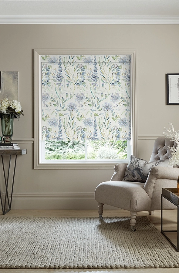 Room with light blue flower roman blind from Voyage Maison