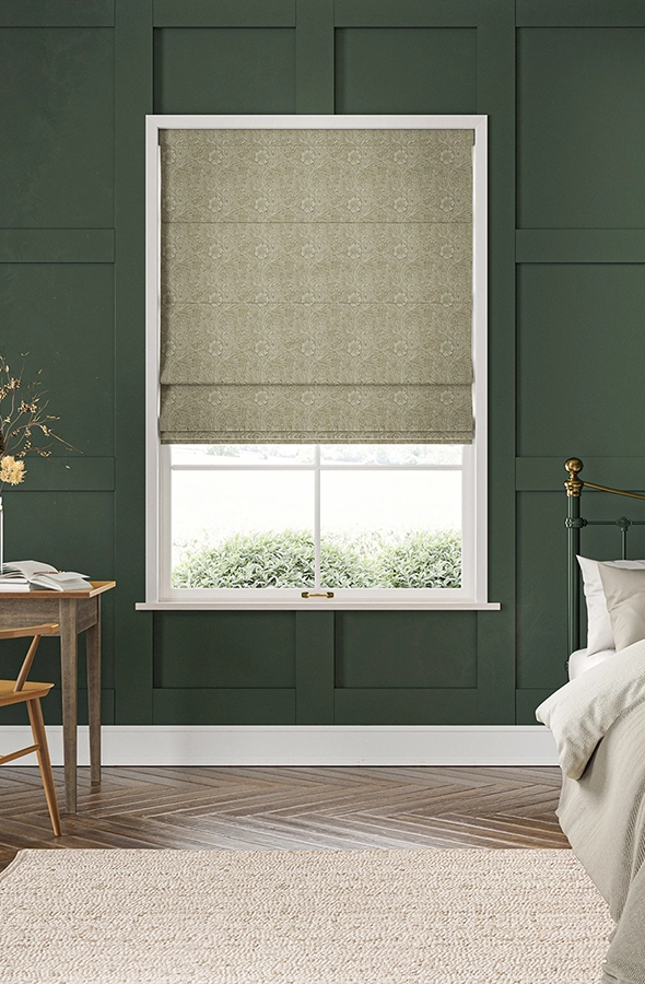 Room with brown floral design roman blind form William Morris at Home