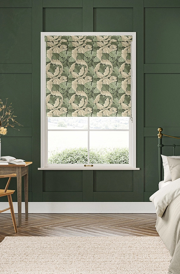Room with roller blind in design inspired by William Morris at Home