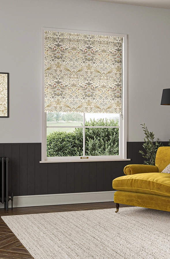 Room with yellow roman blind from William Morris at Home