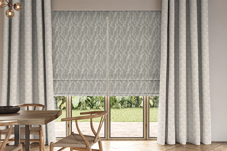 Stanis Linen curtains with Edna Smoky Blue roman blinds from illumin8 Edit Softs Vol.2 Collection