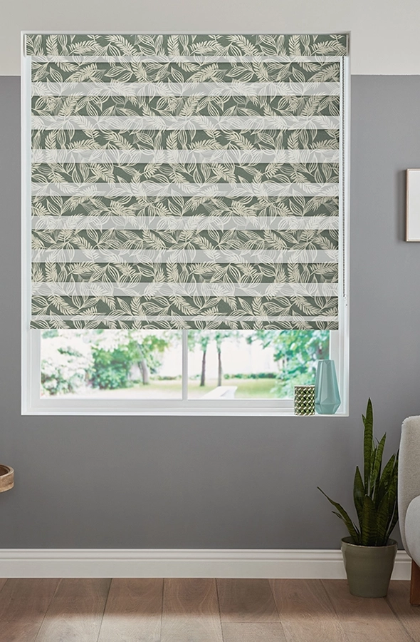 Room with olive feather design day & night blind from illumin8 Edit Fifty50™ Collection
