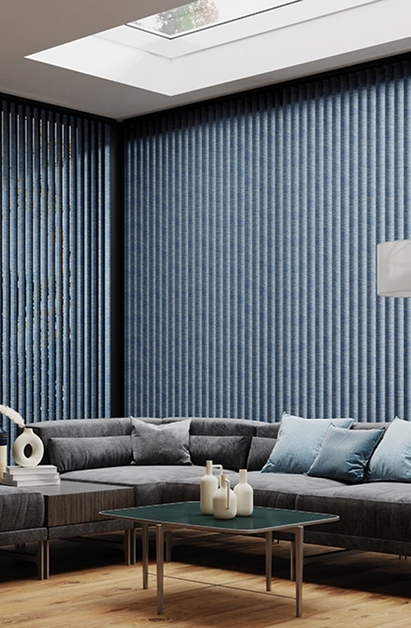 Room with purple vertical blind from illumin8 Edit Verticals Collection