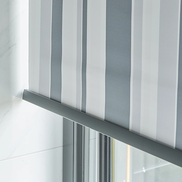 Close up of silver stripe roller blind from Simply Rollers collection
