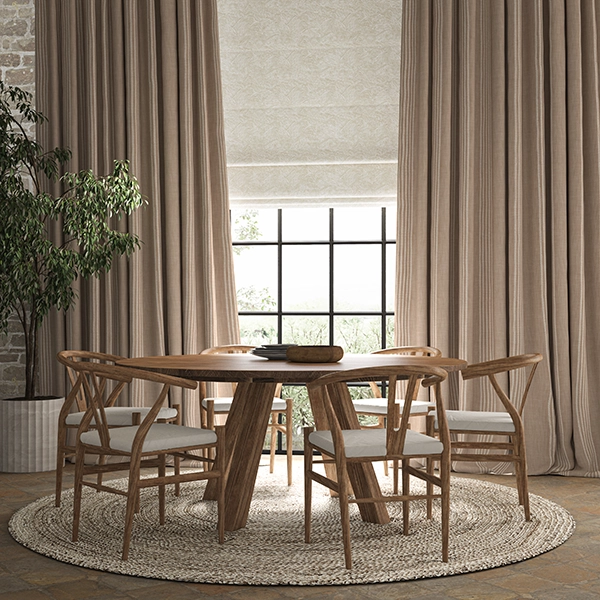 Dining room with stripe design curtians from illumin8