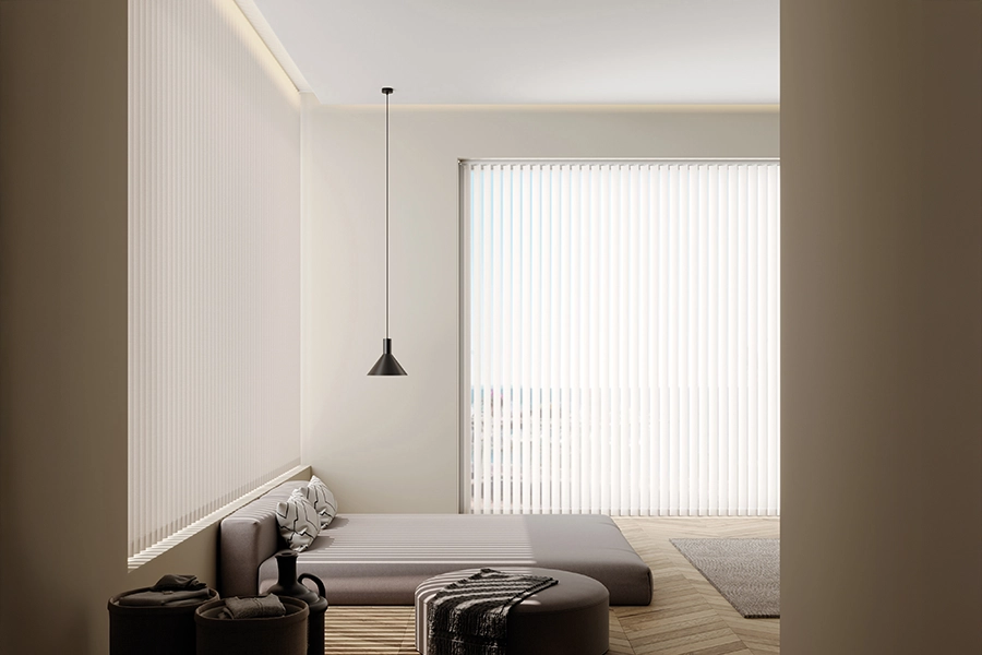 Dining room with plain cream vertical blinds from illumin8